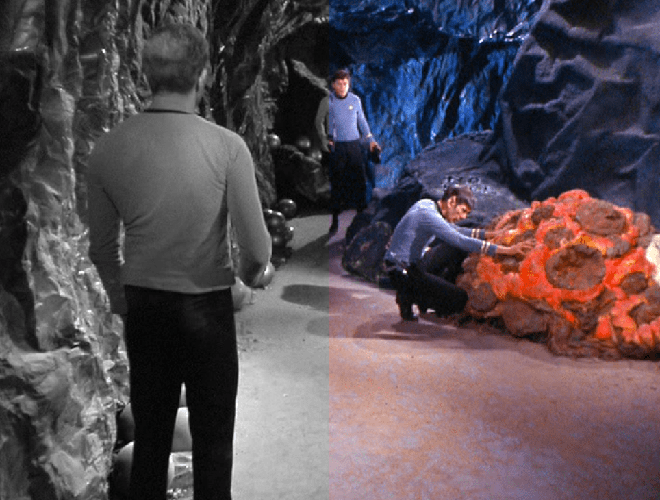 A screencap from the Star Trek episode The Devil in the Dark, with half in colour and half in black and white, to illustrate the contrast between monochrome and colour episodes.