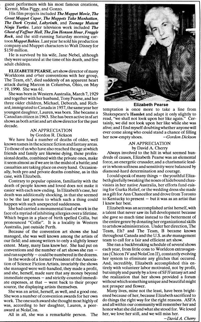 A page showing the obituary published by Locus magazine.