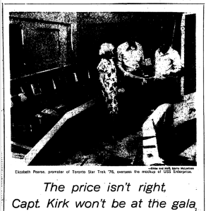 An image of a page from The Globe and Mail newspaper, stating that "Capt. Kirk won't be at the gala."