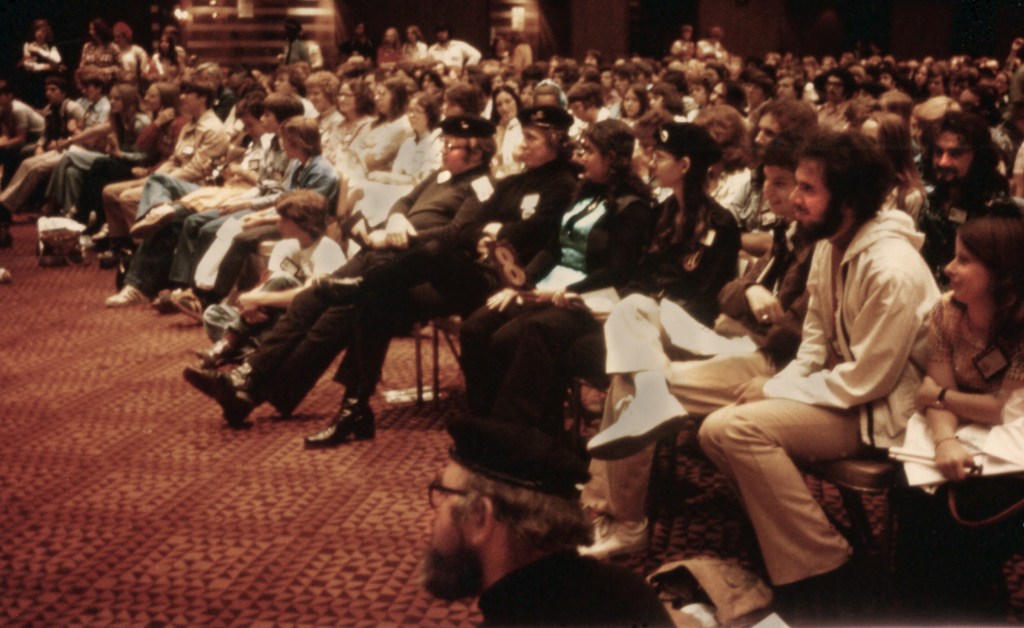 A photo of the large crowd watching a celebrity presentation. 
