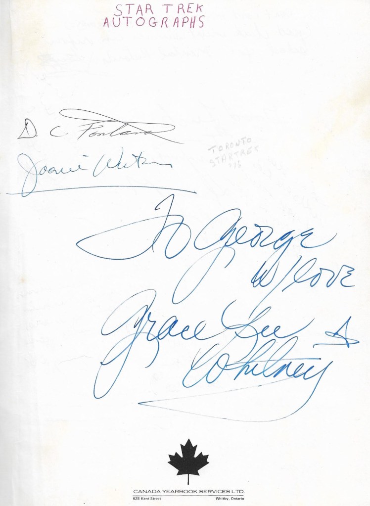 A page from George Hollo's high school yearbook, signed by Star Trek actor Grace Lee Whitney, story editor DC Fontana and book author Joanie Winston. 