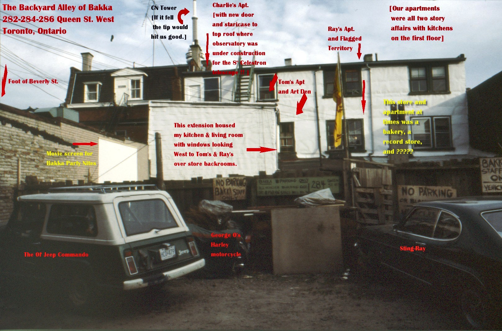 A photo of the back of Backyard Alley of Bakka, with labels showing Charlie's McKee's Jeep and the apartments of McKee, Tom, and Ray.