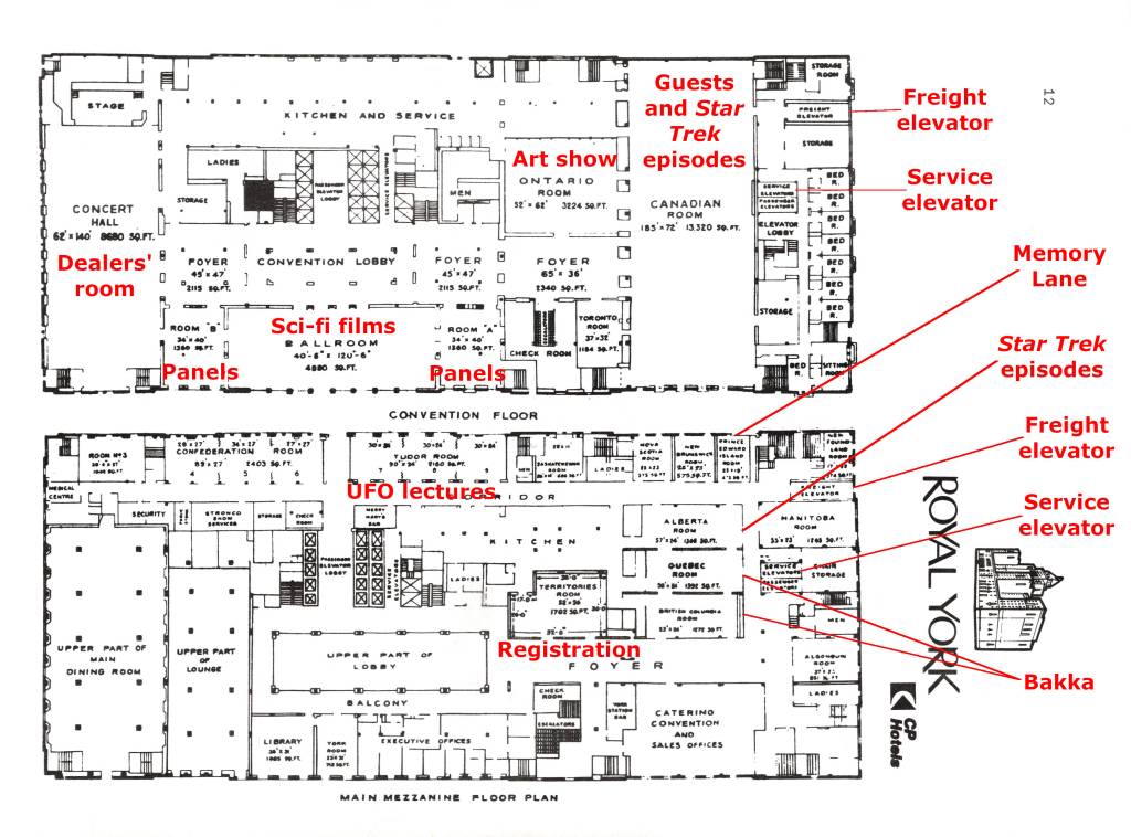 The floor plan of two floors of the Royal York hotel, labelled with the activities taking place in each room. 