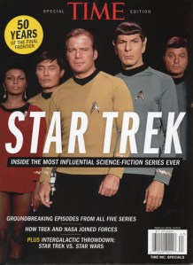 The cover of the 2016 Time magazine Star Trek tribute, showing a composite image of publicity shots of Kirk, Spock, McCoy, Uhura and Sulu. 