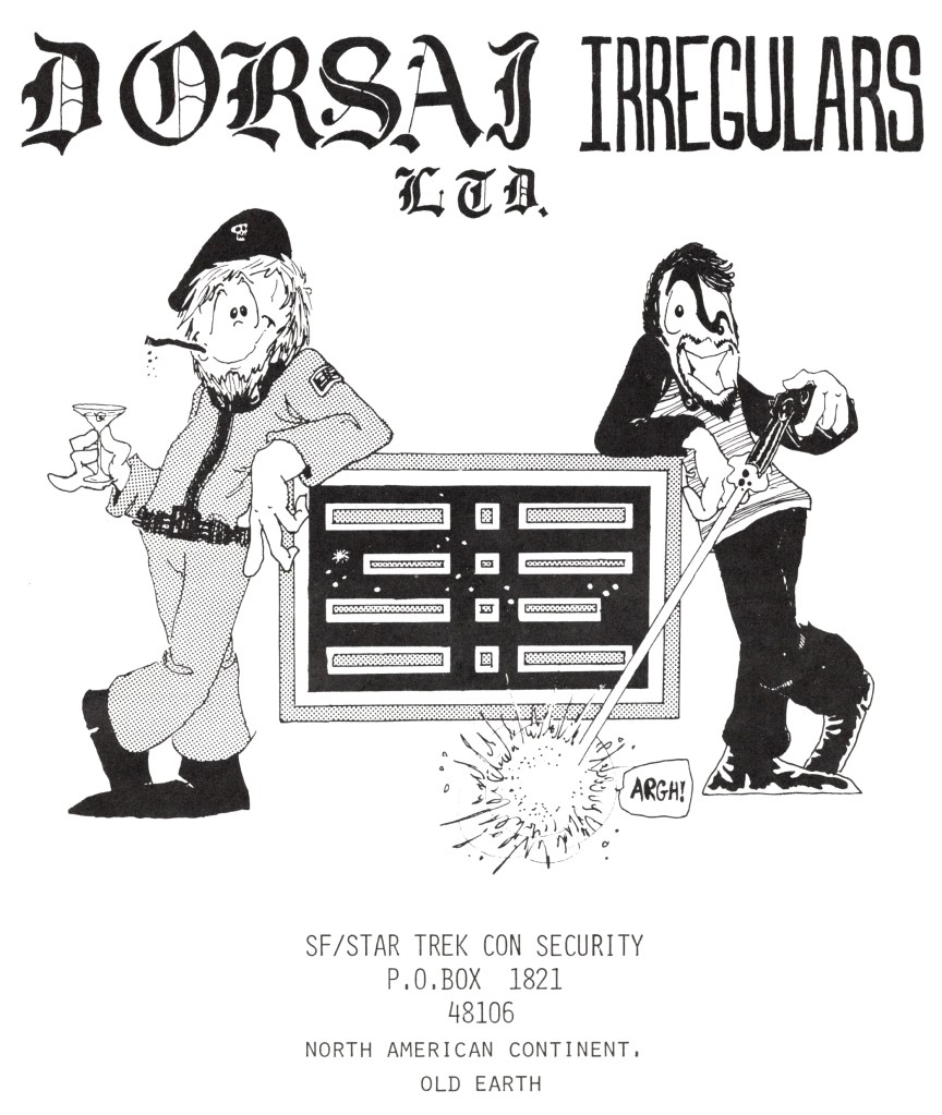 A page from the convention program, showing a caricature of two Dorsai Irregulars. 
