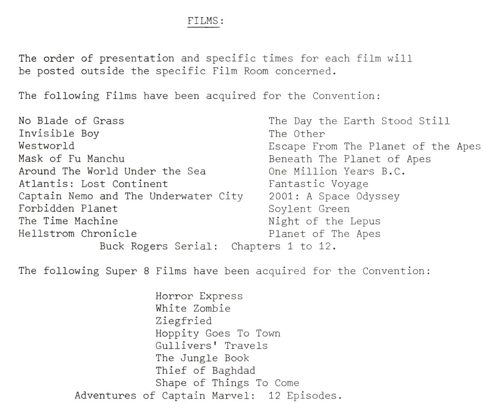 A page from the convention program, listing the films that would be shown. 