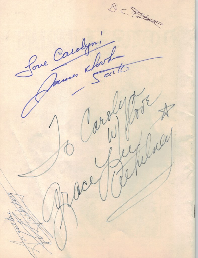A page from the Toronto Star Trek '76 program owned by Carolyn Clink, signed in marker by James Doohan, Grace Lee Whitney and a third person I cannot make out.